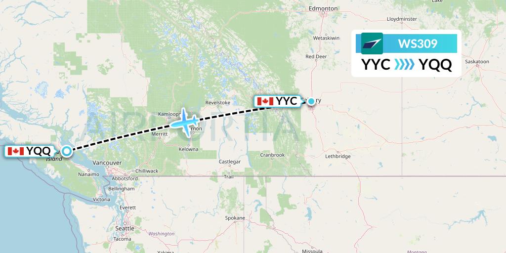 WS309 WestJet Flight Map: Calgary to Comox