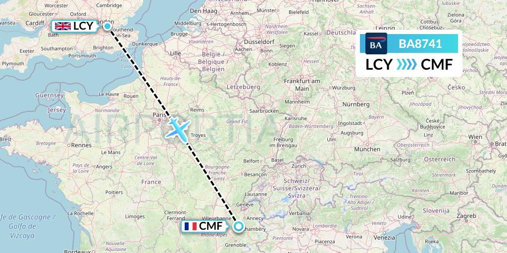 BA8741 British Airways Flight Map: London to Chambery