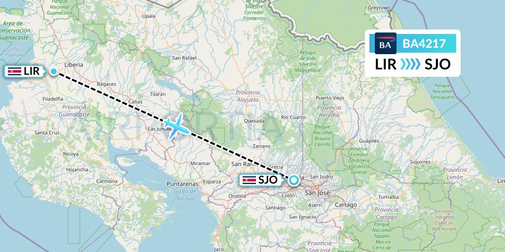 BA4217 British Airways Flight Map: Liberia to San Jose