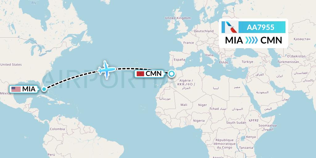 AA7955 American Airlines Flight Map: Miami to Casablanca