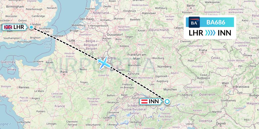 BA686 British Airways Flight Map: London to Innsbruck