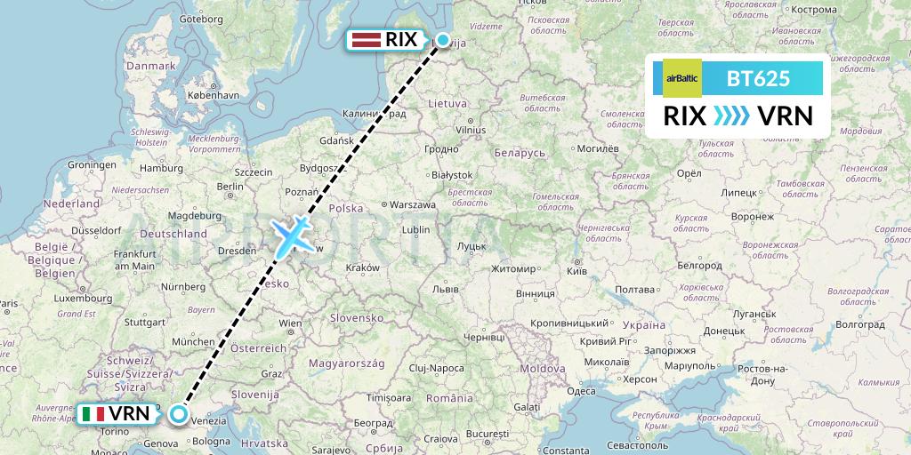 BT625 Air Baltic Flight Map: Riga to Verona