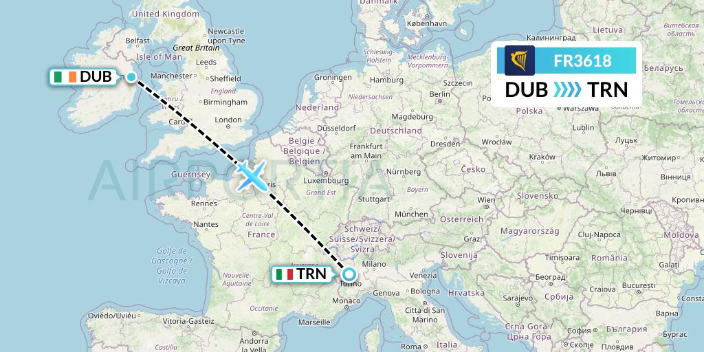 FR3618 Ryanair Flight Map: Dublin to Turin