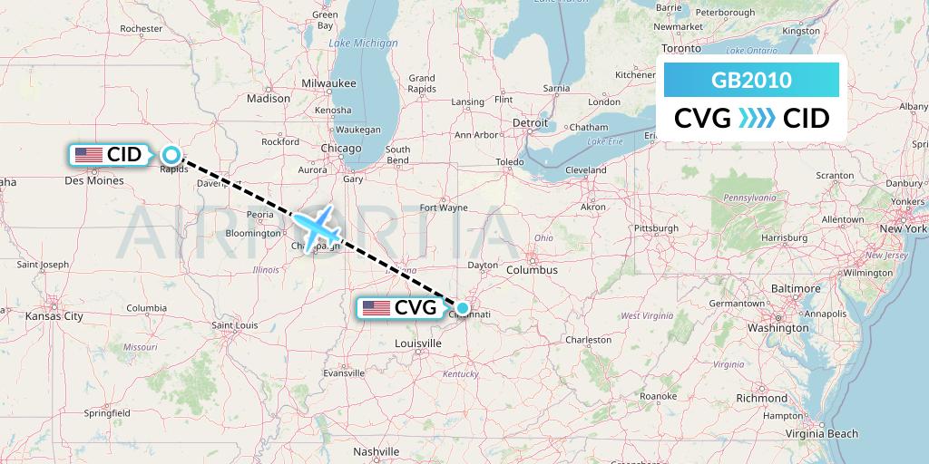 GB2010 ABX Air Flight Map: Cincinnati to Cedar Rapids