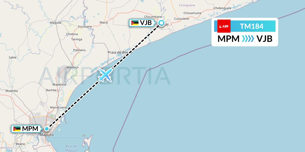 TM184 LAM Mozambique Airlines Flight Map: Maputo to Xai-Xai