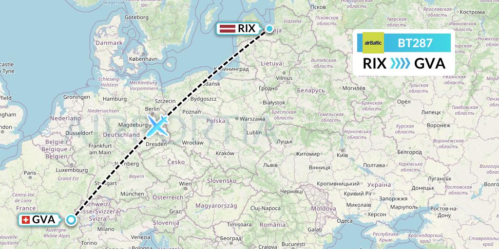 BT287 Air Baltic Flight Map: Riga to Geneva