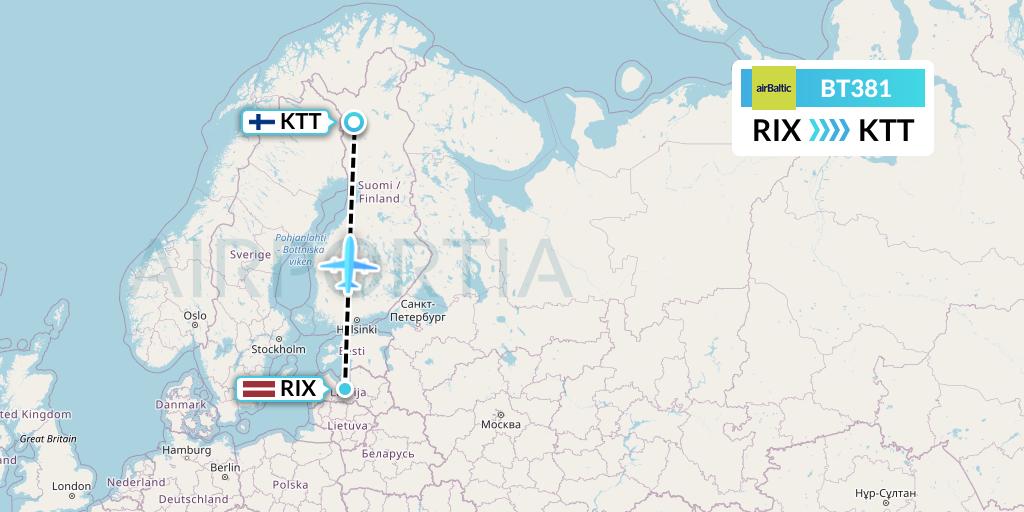 BT381 Air Baltic Flight Map: Riga to Kittila