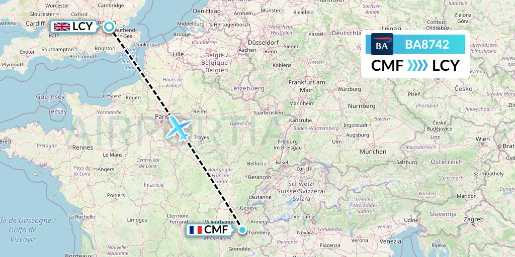 BA8742 British Airways Flight Map: Chambery to London