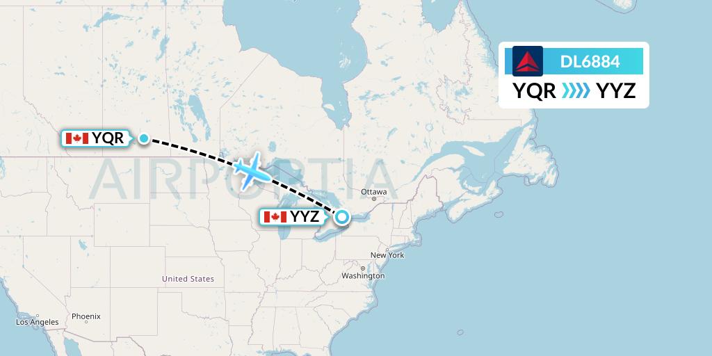 DL6884 Delta Air Lines Flight Map: Regina to Toronto