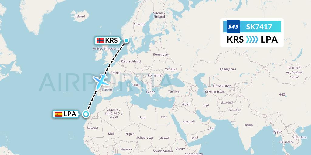 SK7417 SAS Flight Map: Kristiansand to Las Palmas