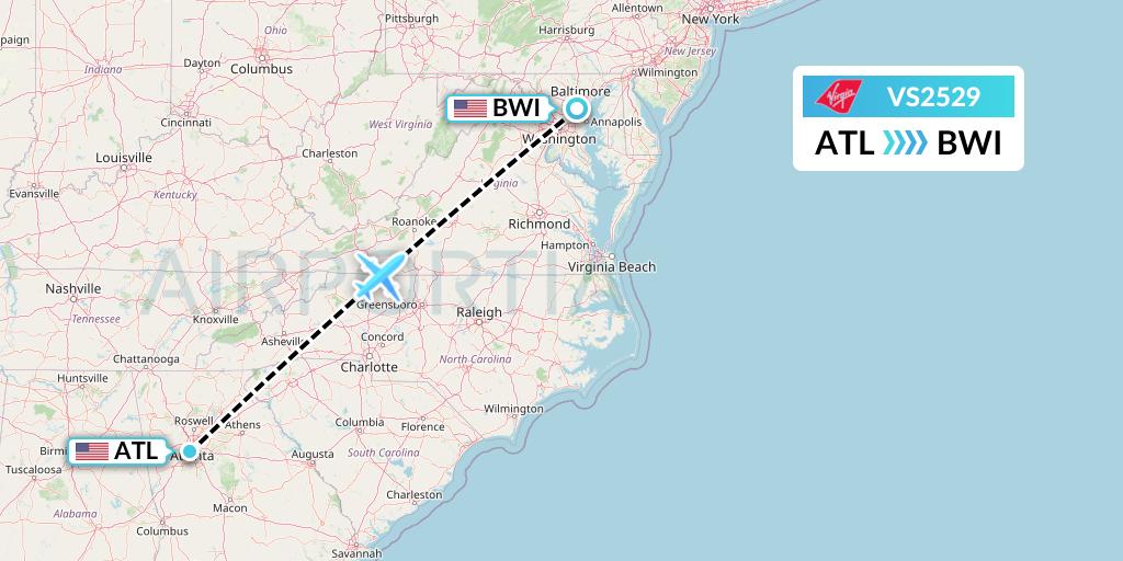 VS2529 Virgin Atlantic Airways Flight Map: Atlanta to Baltimore