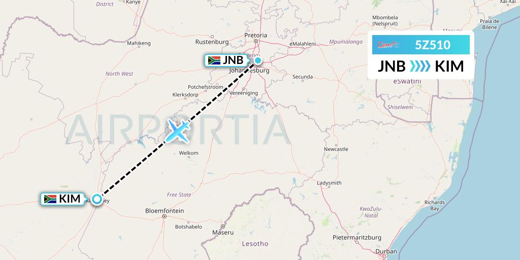 5Z510 CemAir Flight Map: Johannesburg to Kimberley