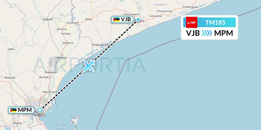 TM185 LAM Mozambique Airlines Flight Map: Xai-Xai to Maputo