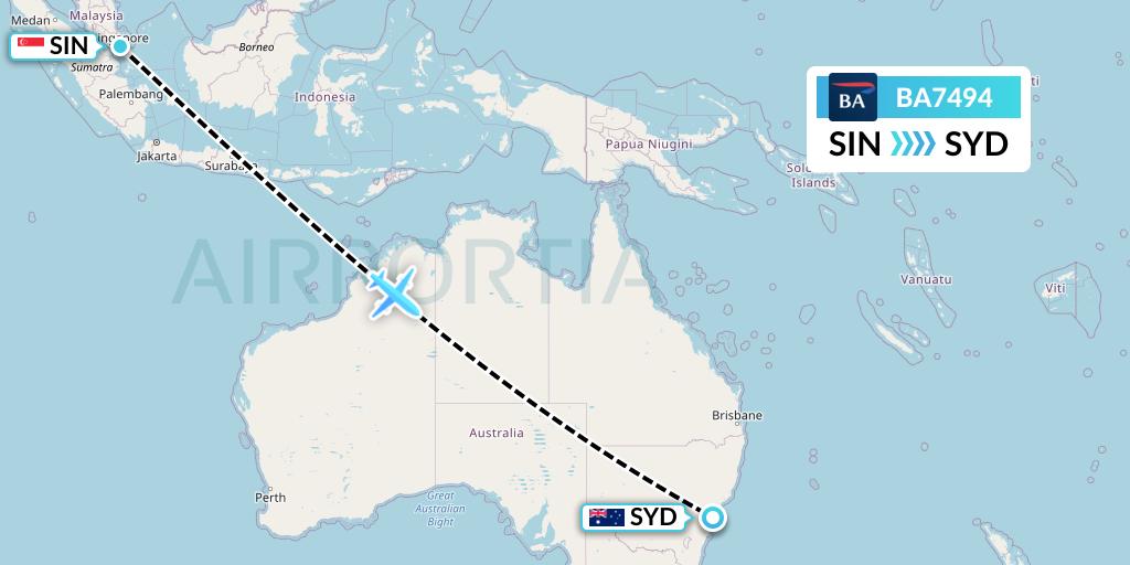 BA7494 British Airways Flight Map: Singapore to Sydney