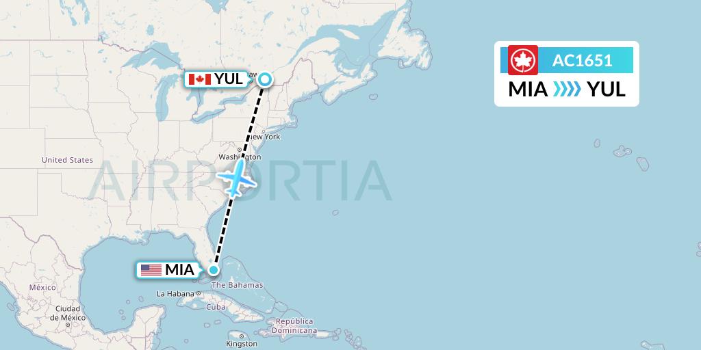 AC1651 Air Canada Flight Map: Miami to Montreal