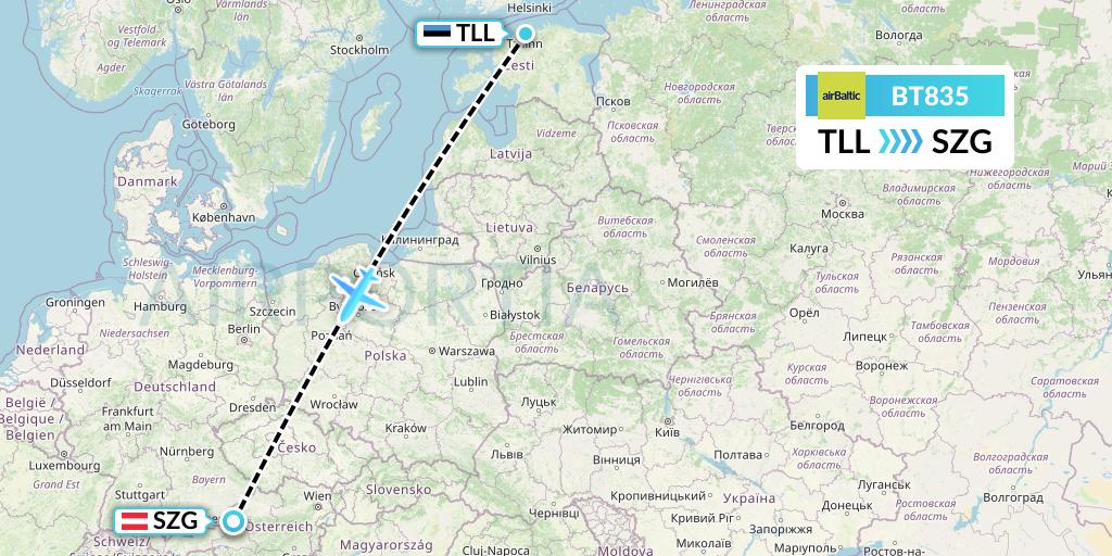 BT835 Air Baltic Flight Map: Tallinn to Salzburg