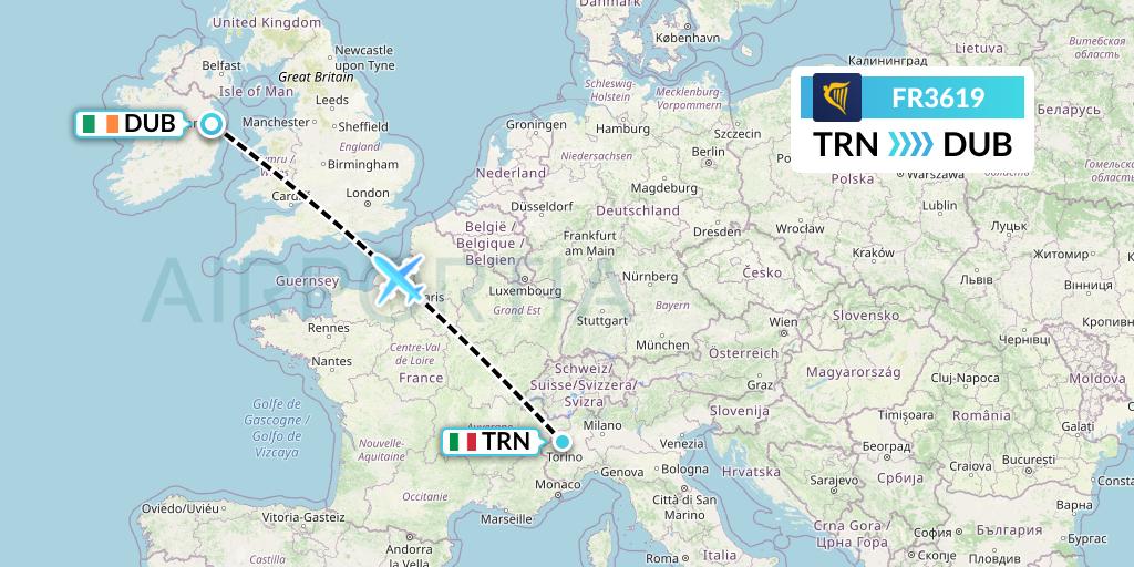 FR3619 Ryanair Flight Map: Turin to Dublin