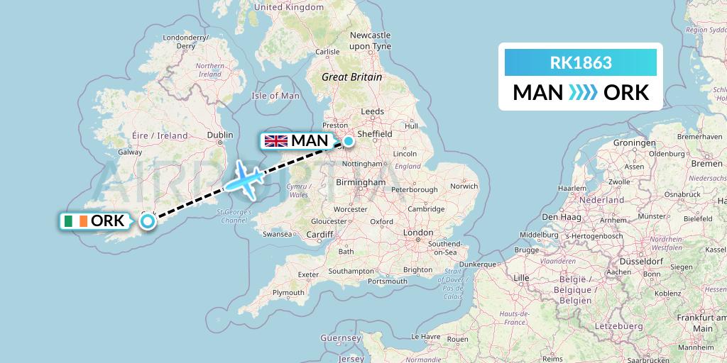 RK1863 Ryanair UK Flight Map: Manchester to Cork