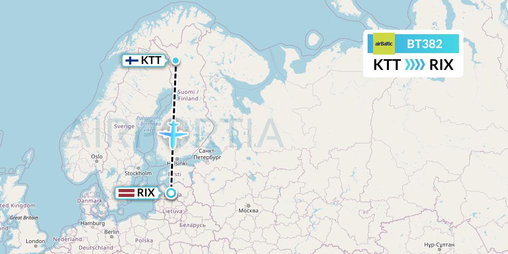 BT382 Air Baltic Flight Map: Kittila to Riga