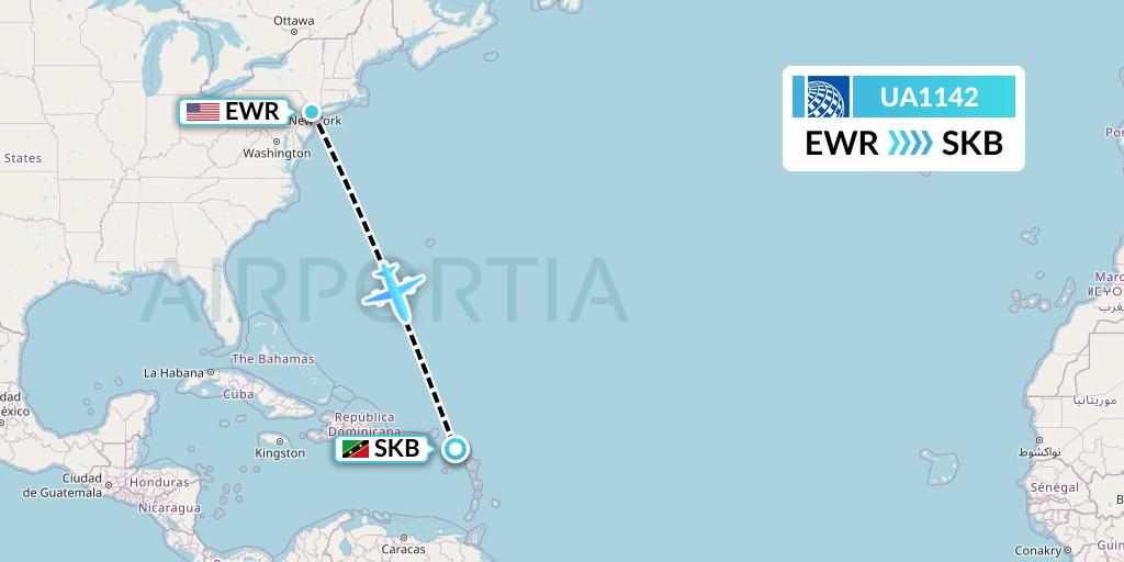 UA1142 United Airlines Flight Map: New York to Basseterre
