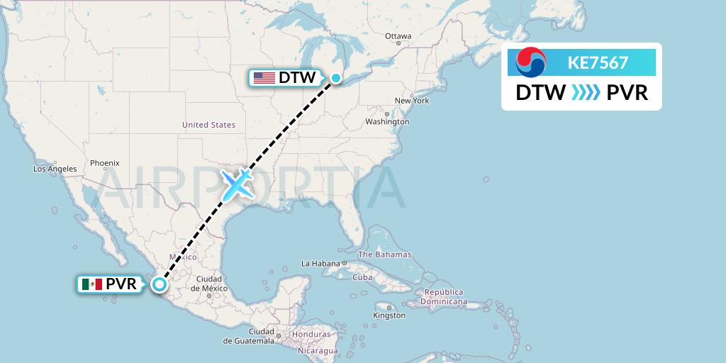 KE7567 Korean Air Flight Map: Detroit to Puerto Vallarta
