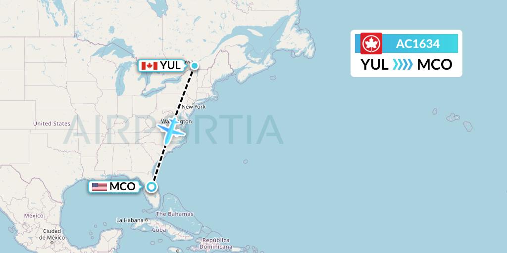 AC1634 Air Canada Flight Map: Montreal to Orlando