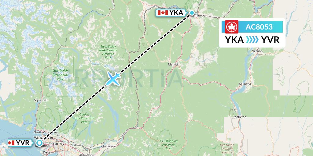 AC8053 Air Canada Flight Map: Kamloops to Vancouver