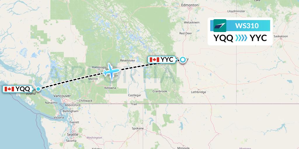 WS310 WestJet Flight Map: Comox to Calgary