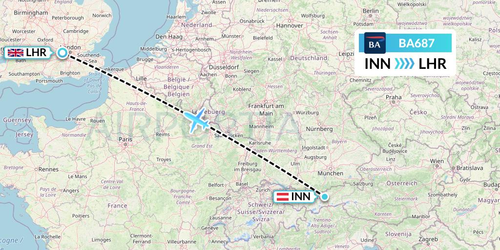 BA687 British Airways Flight Map: Innsbruck to London