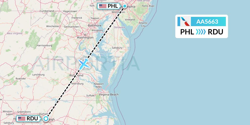 AA5663 American Airlines Flight Map: Philadelphia to Raleigh-Durham