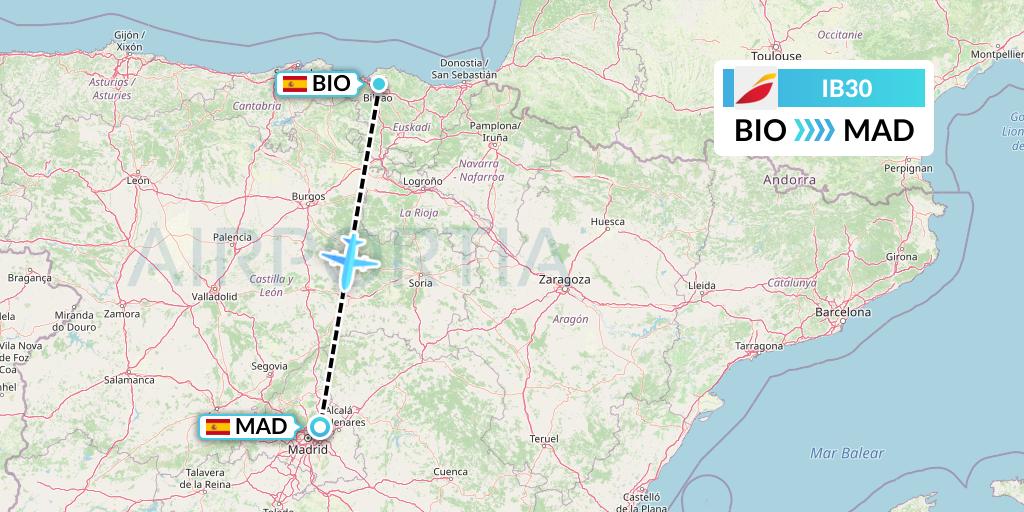 IB30 Iberia Flight Map: Bilbao to Madrid
