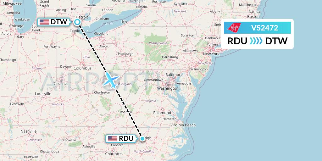 VS2472 Virgin Atlantic Airways Flight Map: Raleigh-Durham to Detroit