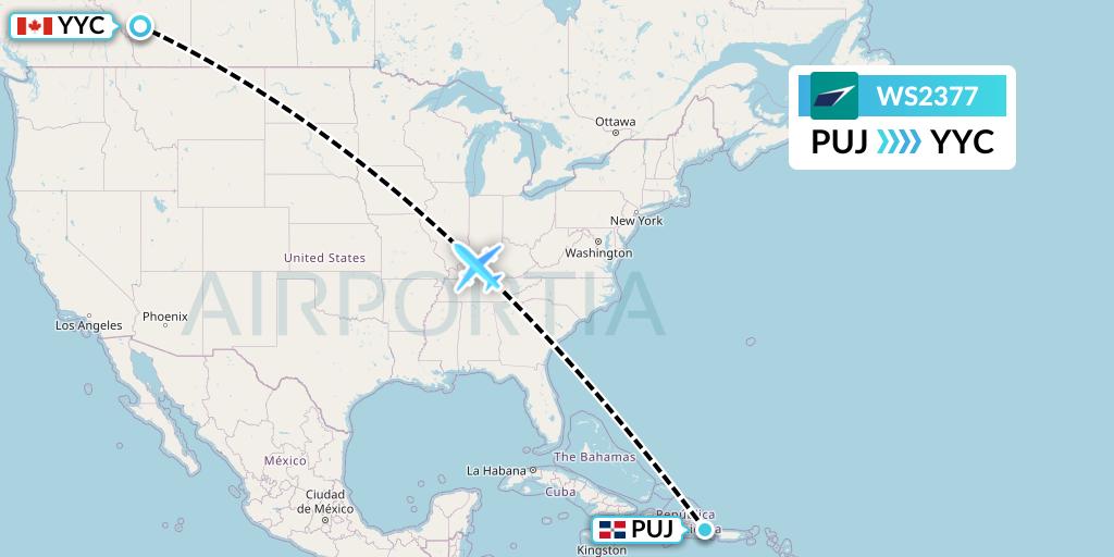 WS2377 WestJet Flight Map: Punta Cana to Calgary