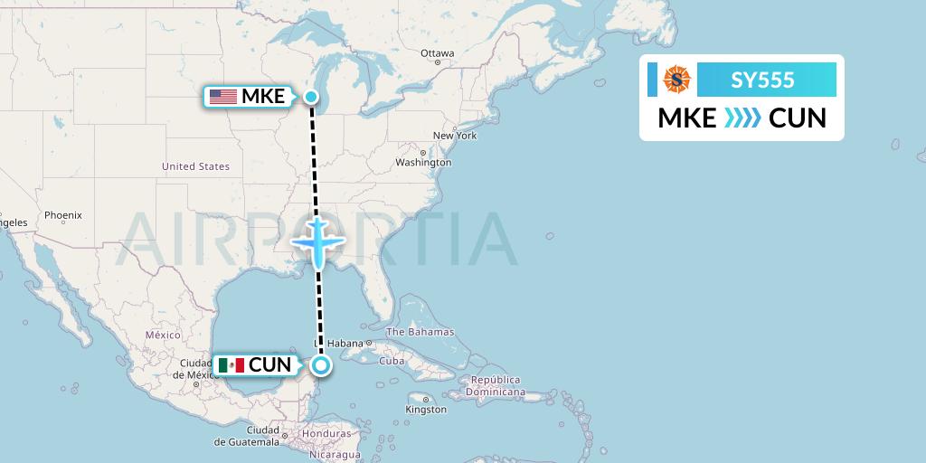 SY555 Sun Country Airlines Flight Map: Milwaukee to Cancun