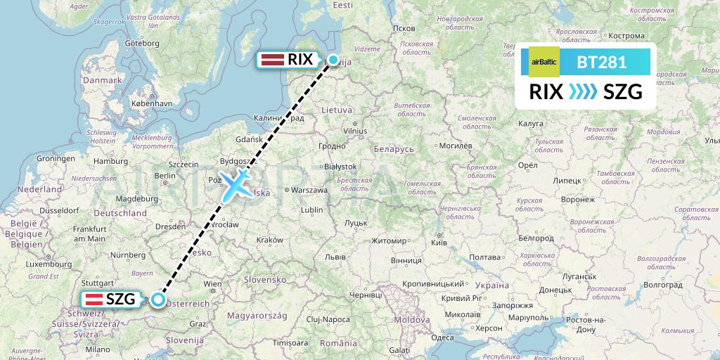 BT281 Air Baltic Flight Map: Riga to Salzburg