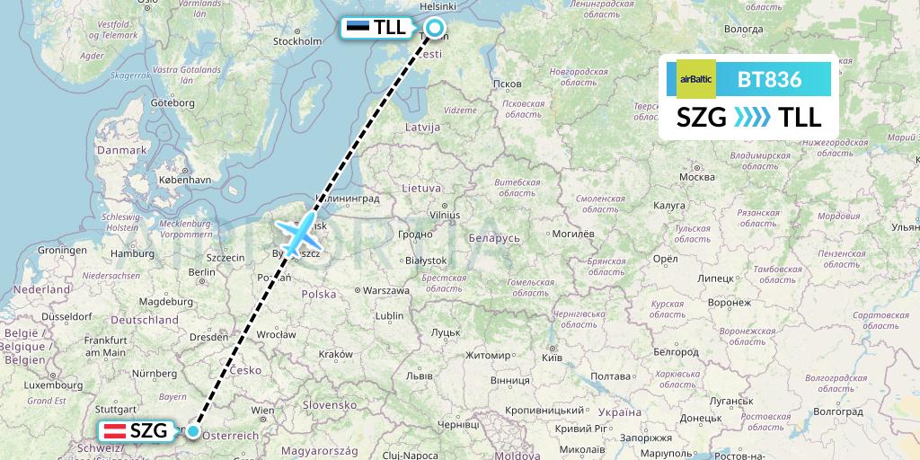 BT836 Air Baltic Flight Map: Salzburg to Tallinn