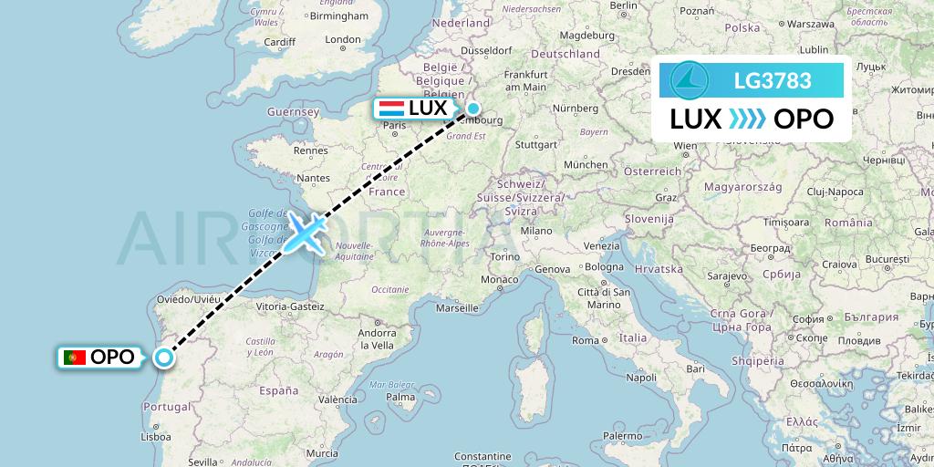 LG3783 Luxair Flight Map: Luxembourg to Porto