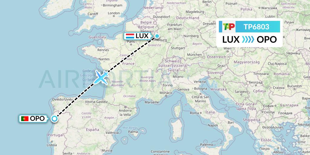 TP6803 TAP Portugal Flight Map: Luxembourg to Porto