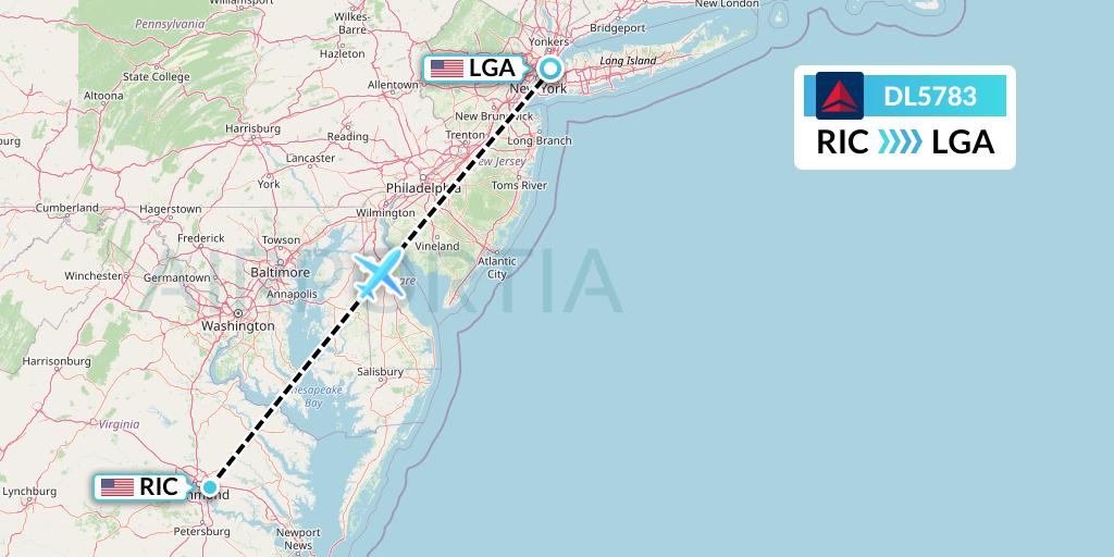 DL5783 Delta Air Lines Flight Map: Richmond to New York