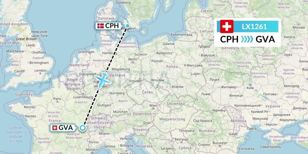 LX1261 Swiss Flight Map: Copenhagen to Geneva