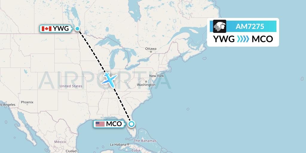 AM7275 Aeromexico Flight Map: Winnipeg to Orlando