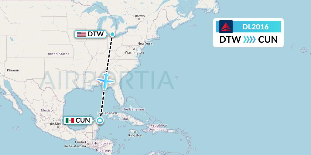 DL2016 Delta Air Lines Flight Map: Detroit to Cancun