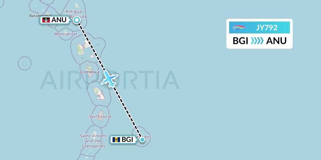 JY792 InterCaribbean Airways Flight Map: Bridgetown to Antigua
