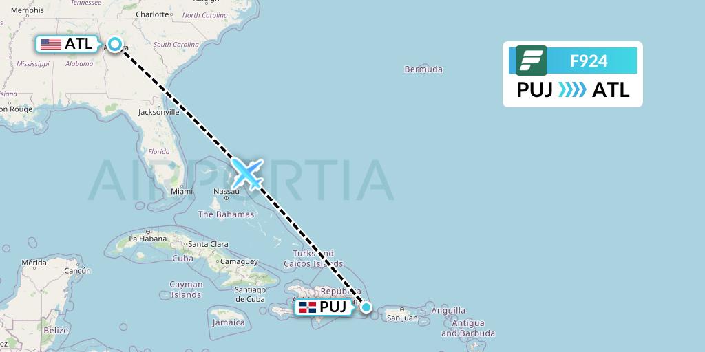 F924 Frontier Airlines Flight Map: Punta Cana to Atlanta