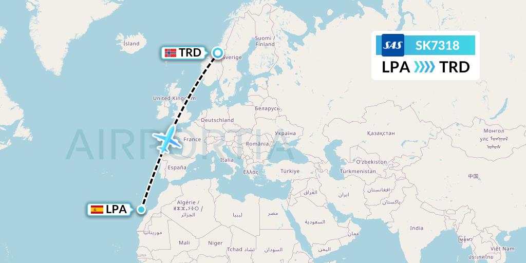 SK7318 SAS Flight Map: Las Palmas to Trondheim
