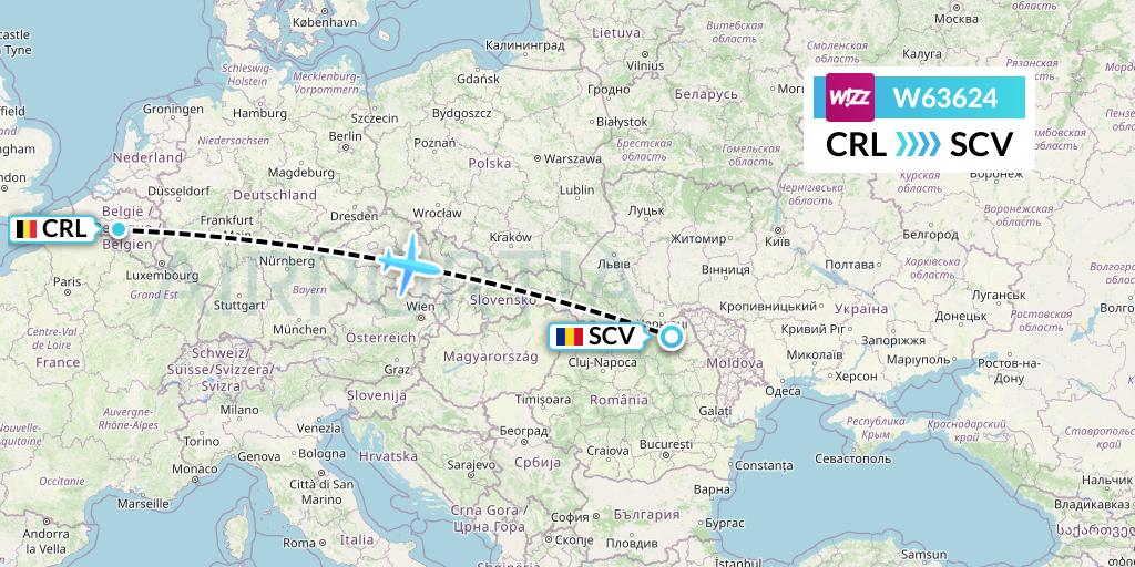 W63624 Wizz Air Flight Map: Brussels to Suceava
