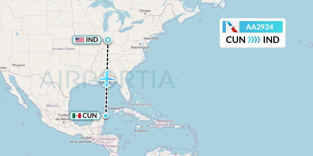 AA2924 American Airlines Flight Map: Cancun to Indianapolis