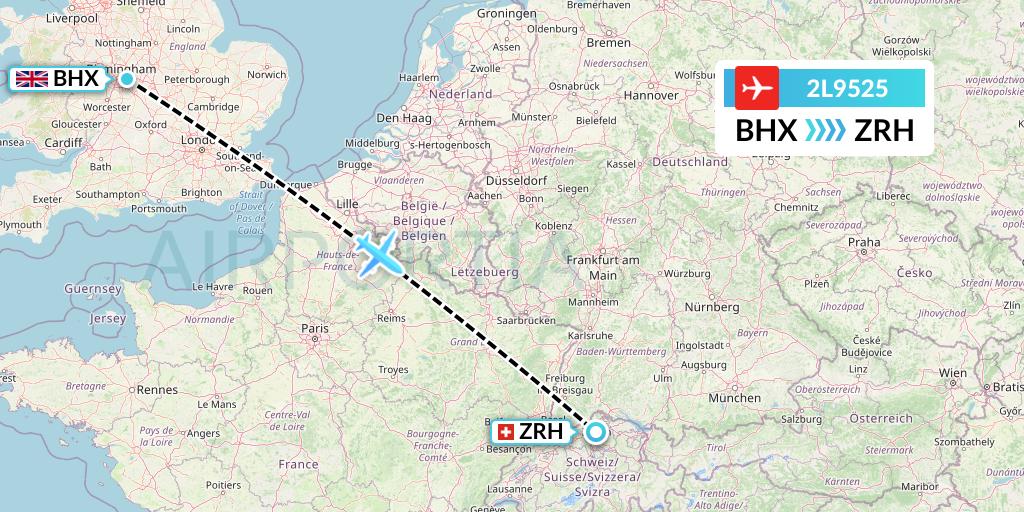2L9525 Helvetic Airways Flight Map: Birmingham to Zurich