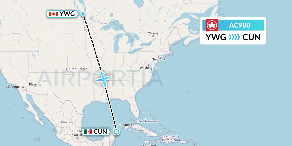 AC980 Air Canada Flight Map: Winnipeg to Cancun