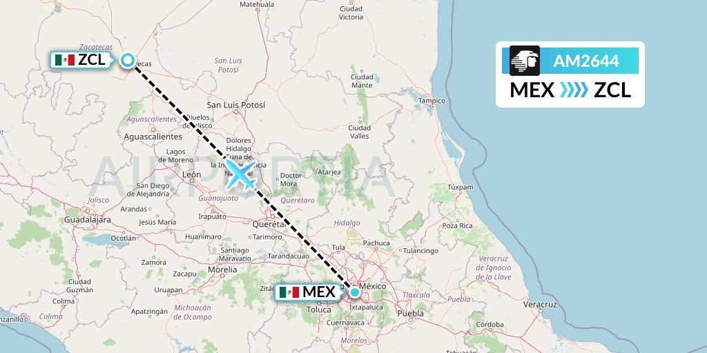AM2644 Aeromexico Flight Map: Mexico City to Zacatecas